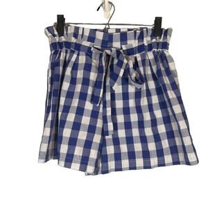 Joie Blue & White Check Plaid Cotton Blend Tie Waist Paperbag Shorts Women Sz L